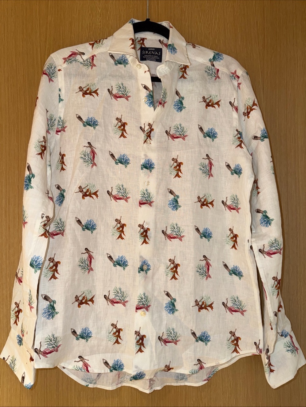 Soloio Byzantium Sirena Print Linen Shirt White Mermaid Sz XS Beach Coastal